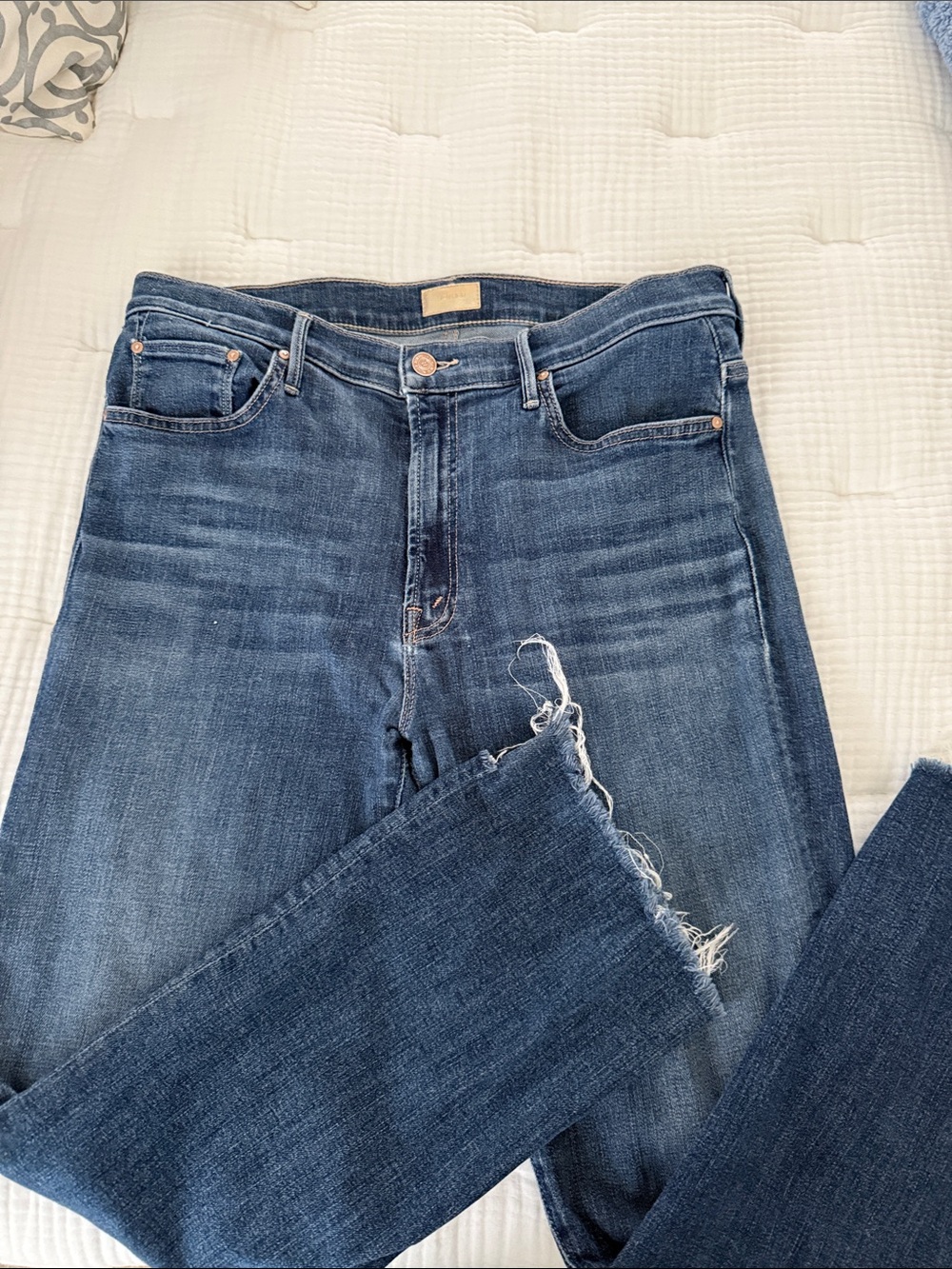 MOTHER High-Rise Frayed Hem Dark Blue Jeans